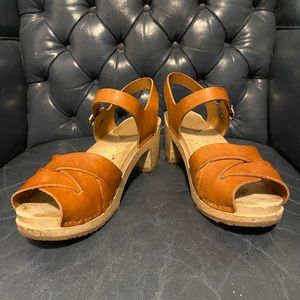 Swedish Clog Sandals Sandgrens Size 6.5 37 Leather Platform Heels 70s Open Toed